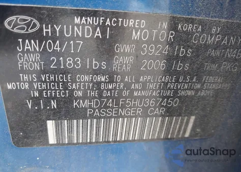 2017 Hyundai Elantra Se from USA, damaged, VIN KMHD74LF5HU367450
